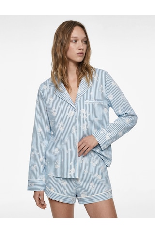 Koton Pamuklu Cep Detaylı Uzun Kollu Çiçek Desenli Çizgili Pijama Üstü Mavi Çizgili 6slk50027mw