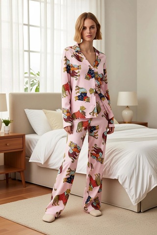 Benerly Kadın Gömlek Yaka Uzun Kol Kaplan Baskılı Pijama Takımı Regular K Pembe