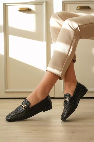 Roof Atelier Kadın Siyah Örgü Desenli Toka Detaylı Loafer Ayakkabı - Hanly