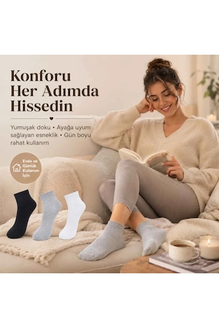 Çorap Giyim Kadın Kısa Konç Çorap 3 Lü Paket, %80 Pamuklu, Dikişsiz Burun, Nefes Alan Yumuşak Bilek Çorabı, Siyah Gri Beyaz Çok Renkli