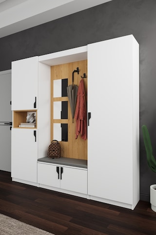Lüks Aynalı Portmanto Askılı Vestiyer %100 Mdf Çok Raflı Ayakkabılık V05 Beyaz - Karına