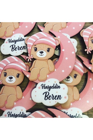 Ay Üstünde Oturan Kız Ayıcık Ahşap Baskı Magnet 30 Adet