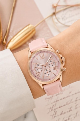 Kadın Kol Saati Pembe Deri Kordon Rose Gold Kasa Pembe Analog Kadran St-304456