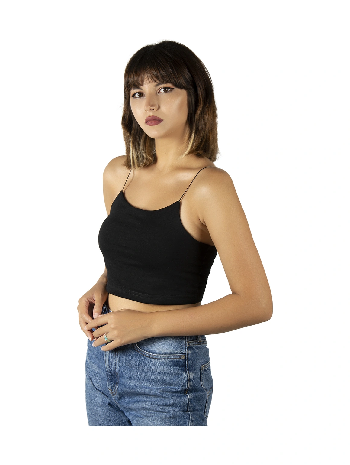 Veaven Kadın Siyah Ip Askılı Crop Top Büstiyer Bluz Atlet Siyah