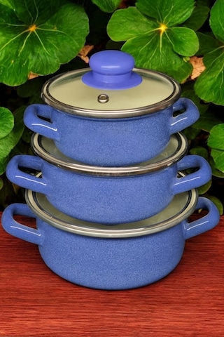 Nishev.com  6 Parça Mini Emaye Tencere Seti 12/14/16 Cm Mavi Mavi
