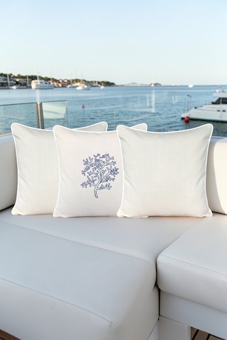 Kırlent Kılıfı 45x45 3'lü Set Marin Nakışlı Yosun Desen Su İtici Outdoor Keten Tekne Bahçe Krem