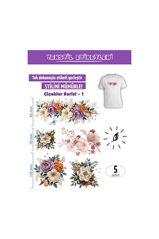 Ütü İle Yapışan Kıyafet Etiketi Çiçekler Serisi 5li Set Karışık