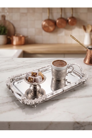 Yumeo Mila Dikdörtgen Aynalı Kulplu Gümüş Söz Nişan Ve Kız İsteme Tepsisi Çeyizlik Lüks Sunum 33x18 Cm