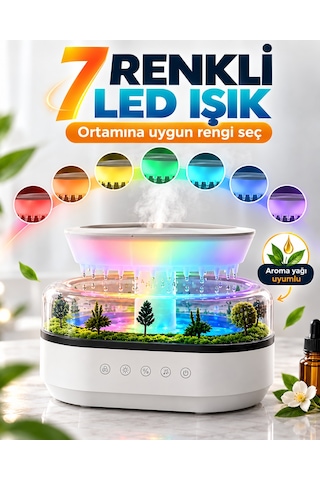 Yağmur Damlası Efektli Aroma Difüzör Hava Nemlendirici Orman Manzaralı Dekoratif Esansiyel Yağ Uyumlu Dokunmatik Tuşlu Ofis Yatak Odası