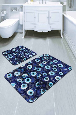 Lacivert Nazar Boncuğu Banyo Halısı Klozet Paspas Seti Bs290n11