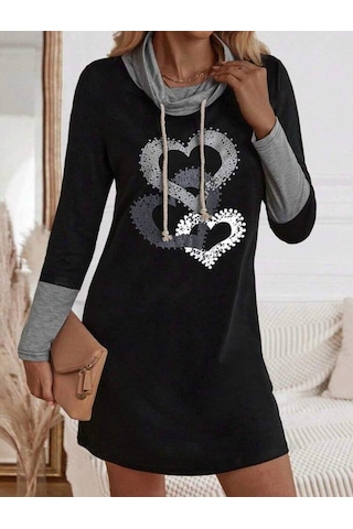 Kadın Uzun Kollu Balıkçı Yaka Bağcıklı Iki Iplik Elbise Siyah