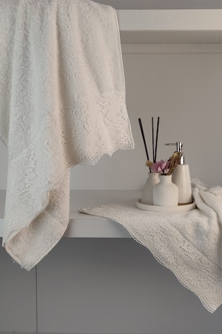 Gipür Dantelli Banyo Havlusu Takımı-%100 Pamuk Banyo Seti-gelin Havlusu Krem Krem
