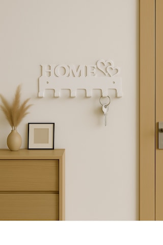 Lunoart Home Yazılı Kalpli Metal Anahtarlık Askısı Duvar Tipi Anahtar Organizer Beyaz