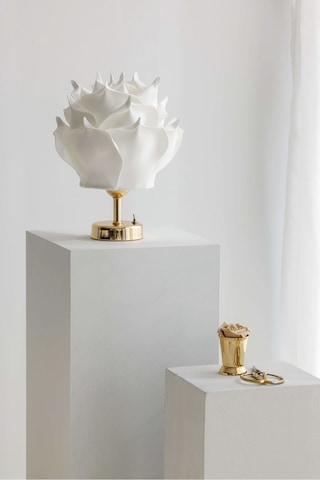 2'li Dekor Yapay Eva Gül Kablosuz Masa Lambası Üst Beyaz-alt Parlak Gold 9v Kare Pil 2 Adet