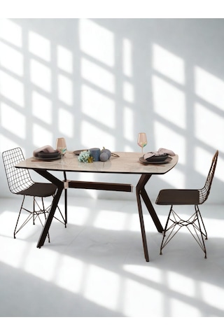Dikdörtgen Mermer Desenli Yemek Masası Gri Siyah 138x80x76 Cm Atlantik - Çam