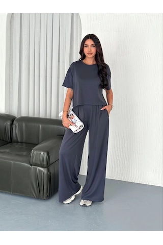 Freedom Storee Kadın Osy Modal Yumuşak Dokulu Kumaş Bisiklet Yaka T-shirt Bol Paça Pantalon İkili Takım -antrasit Çok Renkli