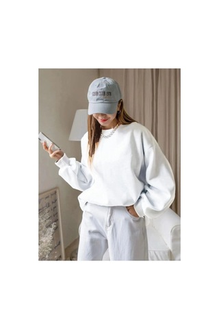Velmora Fashion Kadın Düz Bisiklet Yaka 3 İplik Sweatshirt - Beyaz