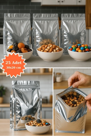 Kilitli Metalize Flat Bottom Kahve Kuruyemiş Bakliyat Kedi Kumu Yem Saklama Torbası 30x20cm 25li