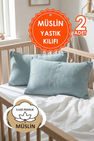 Çift Katlı Müslin Çocuk Yastık Kılıfı %100 Pamuk 35x45 cm 2’li Bebek Çocuk Kılıf Seti Mavi