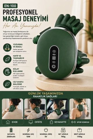 12 Parmaklı Akıllı Boyun Ve Omuz Masaj Aleti Lcd Ekranlı, Isıtmalı, 3 Sensörlü, Kablosuz Şarjlı 2000 Mah Koyu Yeşil