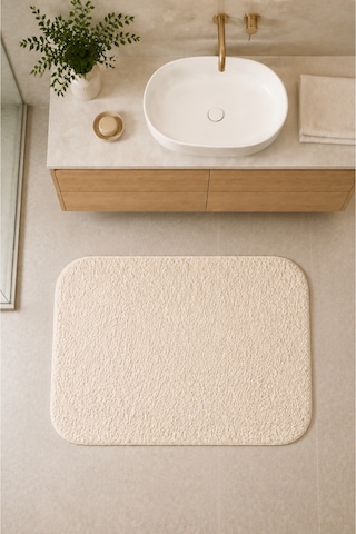 Kaymaz Jel Tabanlı Yıkanabilir Peluş Yumuşak Dokulu Dekoratif Tekli Banyo Paspası 60x100 Cm Krem