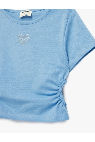 Koton Bisiklet Yaka Slim Fit Kalpli Taşlı Büzgü Detaylı Pamuklu Kısa Kollu Crop Bluz Mavi 6skg60007ak Mavi