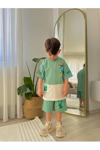 Miniko Kids Erkek Çocuk Minecraftt Modelli Baskılı Şortlu Pamuk Takım Yeşil