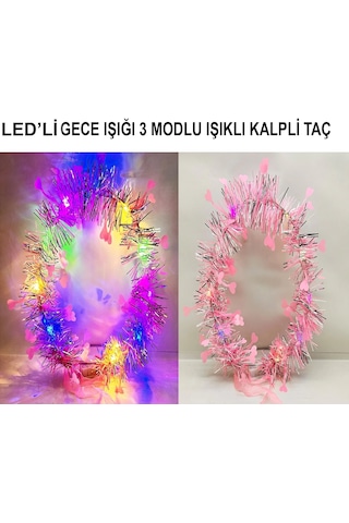 Kalp Püsküllü Gece Parıltısı 3 Modlu Led39li Işıklı Taç Pembe Renk "