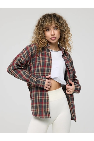 Uzun, Oversize Kareli Gömlek 377355034 Sivri Mor Melanj