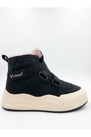 Voyager Kadın Cırt Cırtlı Kalı, Taban İçi Kürklü Kaymaz Taban Sneaker Bot Siyah