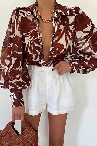 Aymer Fleetwood Blouse - Rahat Kesimli, Düğmeli, Uzun Püskül Kol Bluz Kahverengi