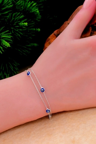 Silvera Telkari Kadın Nazar Boncuklu Gümüş Bileklik Cam Göz Nazar Zincirli Bileklik 925 Ayar St378 Gümüş