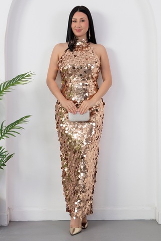 Kalopya Halter Yaka Büyük Pullu Elbise Abiye Ecr6094 Gold