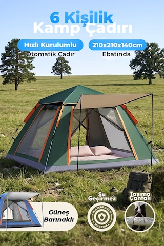 Auhma Outdoor Ac6636 6 Kişilik Otomatik Kamp Çadırı Yeşil 210x210x140 Cm Su Geçirmez Oxford Kumaş