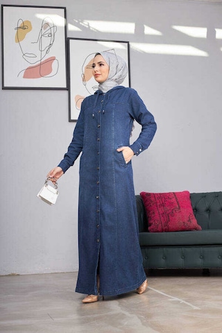 Neways 6509-denim Kapşonlu Ferace Koyu Mavi Koyu Mavi