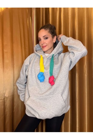 Ali Butik Renkli Kordon Detaylı Gri Sweatshirt Gri