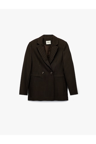 Koton Koton X Sibil Çetinkaya - Uzun Kollu Cepli Çizgili Kruvaze Blazer Ceket Kahverengi Çizgili 6wak50069pw Kahve Çizgili