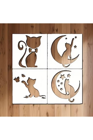 4 Adet Sevimli Kedi Şablonu, Yeniden Kullanılabilir, Duvar Boyama, Kumaş Boyama, Cam Sanatı