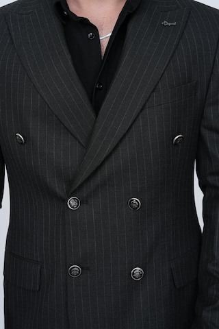 Dupont Classics Dupont Slim Fit Sivri Yaka 6 Drop Çift Yırtmaç Çizgili Viskon Kruvaze Erkek Takım Elbise Siyah