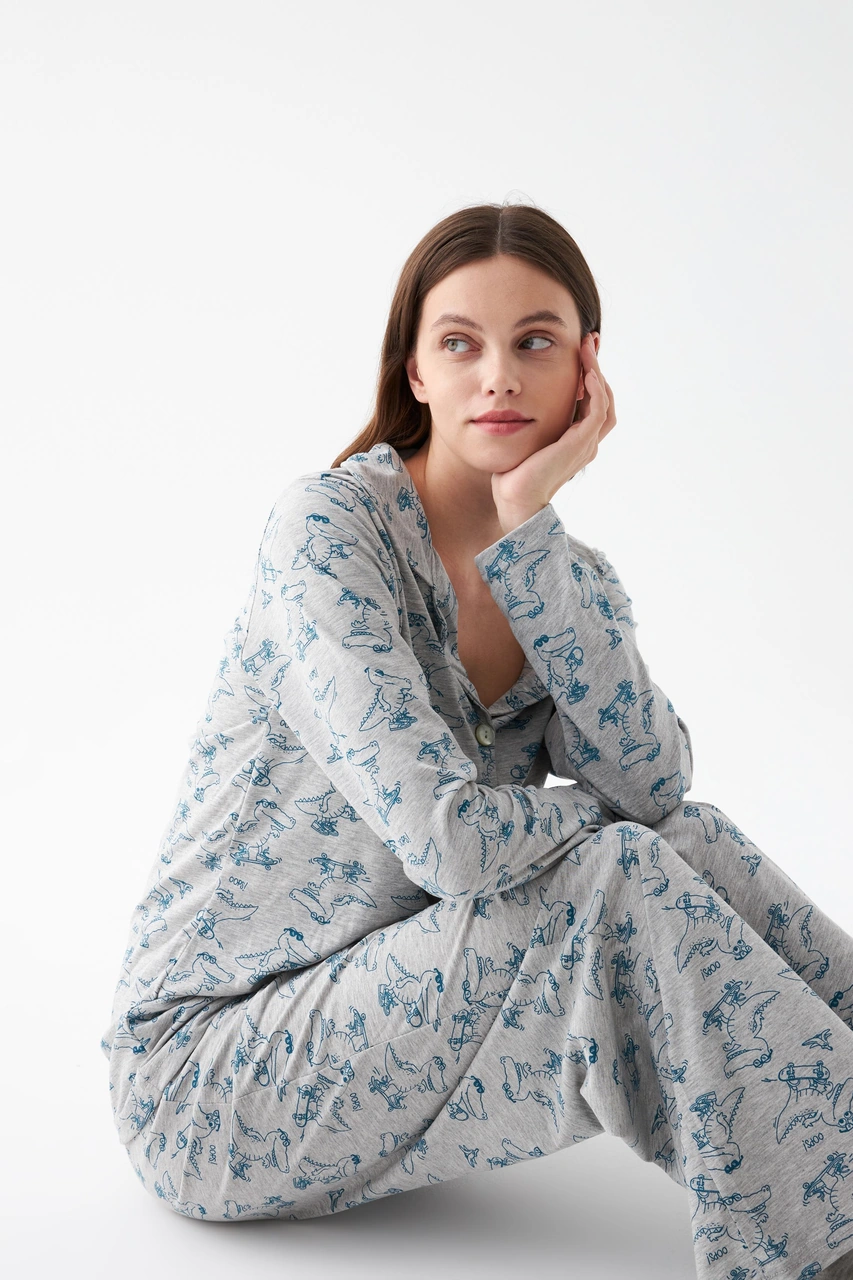 Akbeniz Kadın Gri Desenli Düğmeli Pamuklu Pijama Takımı Gri