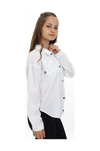 Toontoy Kız Çocuk Regular Fit Asimetrik Kalıp Düşük Omuz Uzun Kollu Basic Poplin Gömlek - Tek Cepli Beyaz