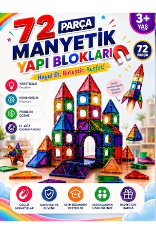 72 Parça Manyetik Yapı Blokları Eğitici Mıknatıslı İnşa Oyuncağı 3+ Yaş Çocuk Gelişim Oyuncağı