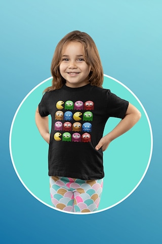 Sevbano Pacman Oyun Baskılı Unisex Çocuk Tişört 1-12 Yaş Siyah