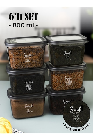 Vienev Beyaz Serigrafi Etiketli 6lı Peggy Dikdörtgen Baharatlık Seti 800 Ml Antrasit Beyaz