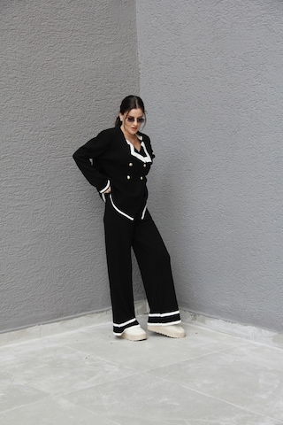 Scbutik Kadın Siyah 2 Oversize Kruvaze Hırka Pantolon Takım Akrilik Triko