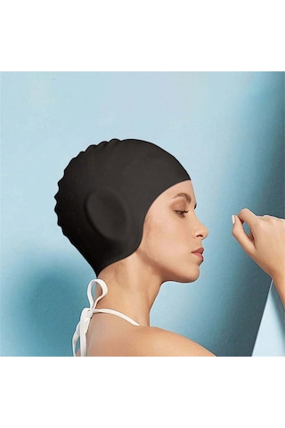 Wezone Erkek Ve Kadınlar İçin Su Geçirmez Silikon Yüzme Bone - Uzun Saç Korumalı Siyah