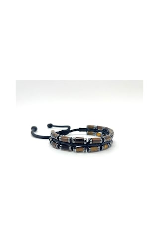 Sertifikalı Kaplan Gözü Ve Hematit Makrome Doğal Taş Deri Erkek Bileklik Kahverengi