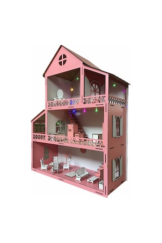 Ahşap Oyun Evi 60Cm 18 Eşya Pembe Led Işıklı