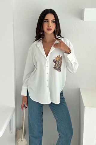 Kral Aslan Desen Baskılı Taşlı Gömlek Beyaz