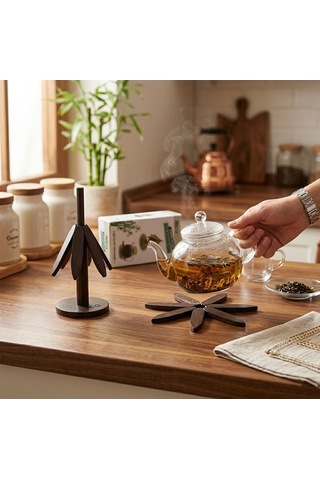 Bambu Ahşap Katlanır Nihale 20 Cm - Standlı, Yaprak Desenli 2'li Naturel